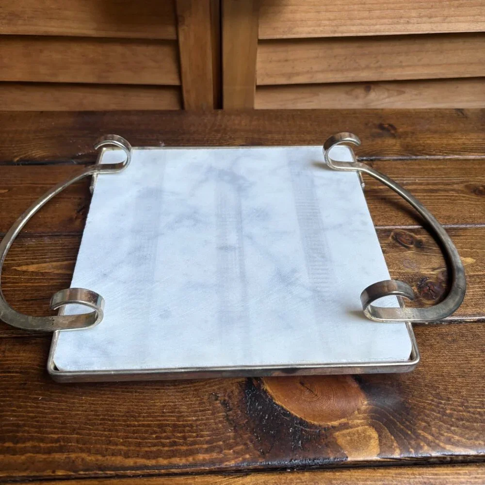 Leonard Silverplate Italy Marble & Silver Serving Tray‎ with Handles